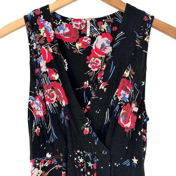 Free People BACK TO BASICS Black Floral & Stars Wrap Tunic Top Size XS Blouse - Picture 3 of 5
